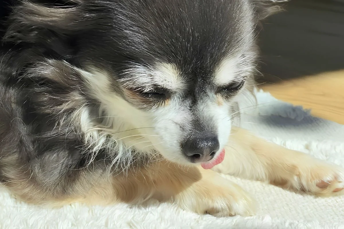 Chihuahua liegt entspannt auf weißem Teppich — mentale Auslastung beim Hund beginnt mit Beobachtung