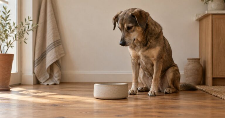 Hundeernährung im Alltag: Ein mittelgroßer Mischlingshund sitzt ruhig neben seinem Napf und wartet (KI-generiertes Bild)