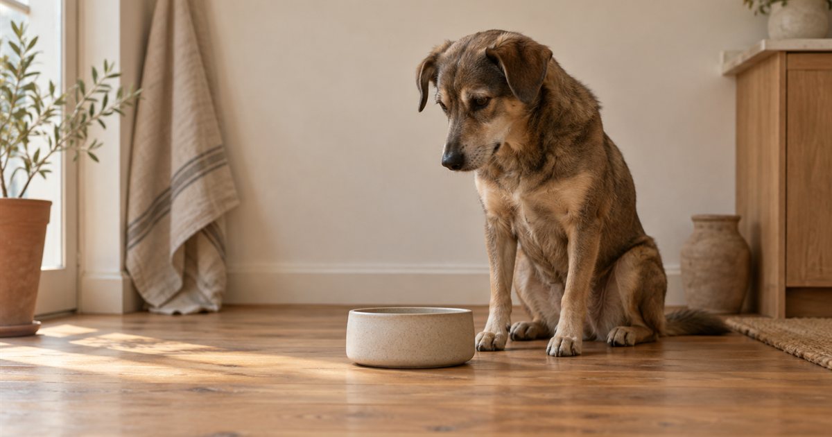 Hundeernährung im Alltag: Ein mittelgroßer Mischlingshund sitzt ruhig neben seinem Napf und wartet (KI-generiertes Bild)